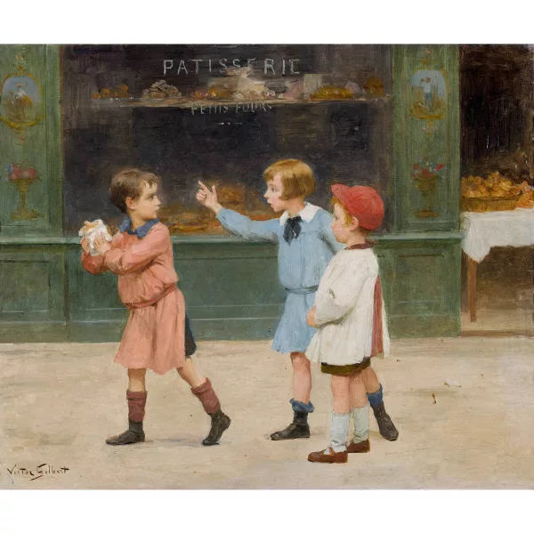 Victor Gilbert — Trois enfants devant une pâtisserie.