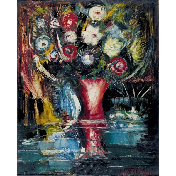 Jānis Tīdemanis — Prachtvolles Blumenstillleben in roter Vase.