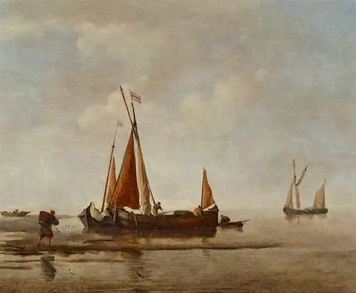 Willem Van de Velde le Jeune — Fishing boat in calm waters off a coast.