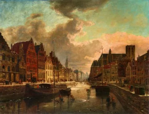 Franz Stegmann — Winterabend in Gent mit zugefrorener Gracht