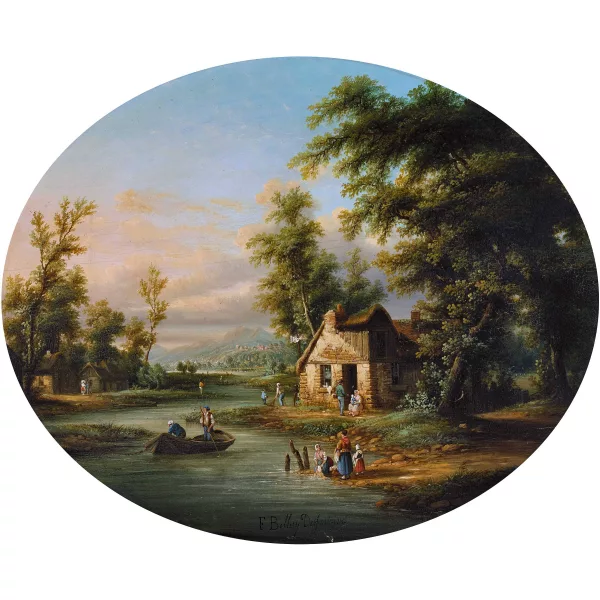 Henri Bellery-Desfontaines — Flusslandschaft mit Bauernhäusern und Staffage.