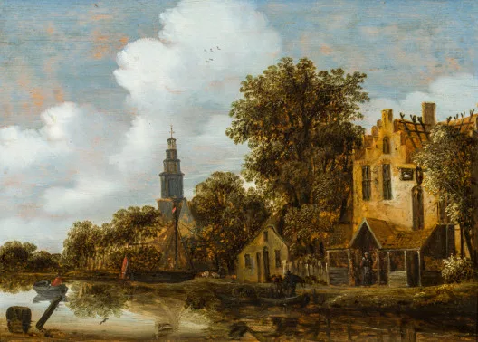 Meindert Hobbema — Herberge am Ufer eines Flusses, um 1650