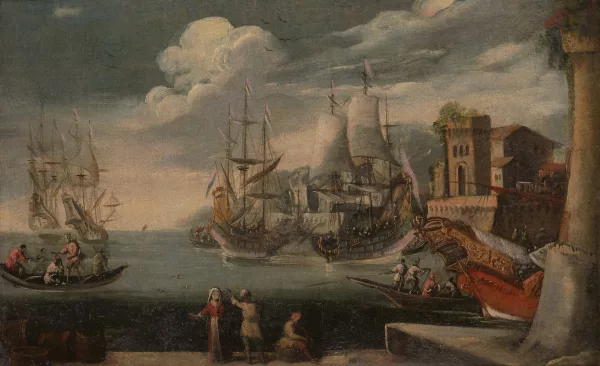 Agostino Tassi — Umkreis Mediterrane Hafenszene mit Schiffen und Turm