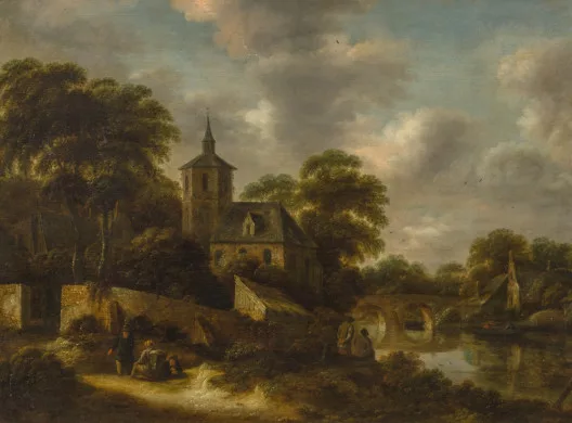 Klaes Molenaer — Église au bord d’une rivière avec des personnages