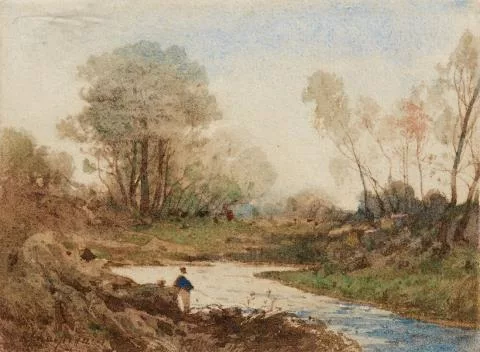 Henri Harpignies — Landscape with an angler
