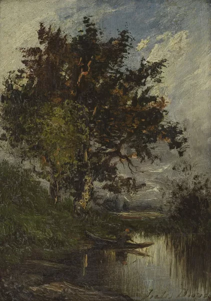 Jules Dupré — Pêcheur près d'un arbre au clair de lune