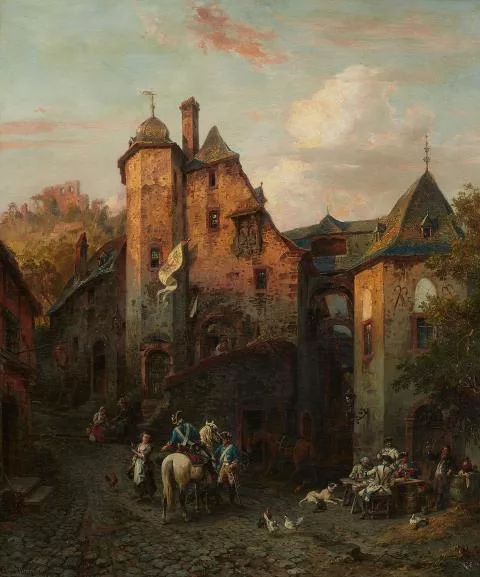 August von Wille — Ansicht von Beilstein mit Soldaten vor einer Schänke