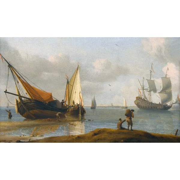 Aernout Smit — Küstenlandschaft mit Segelschiffen und Staffage.