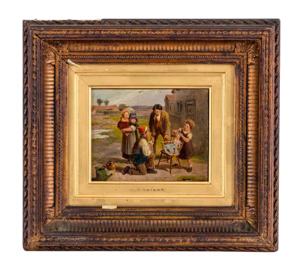 William Henry Knight — Petite fille coiffant sa poupée entourée de sa famille,