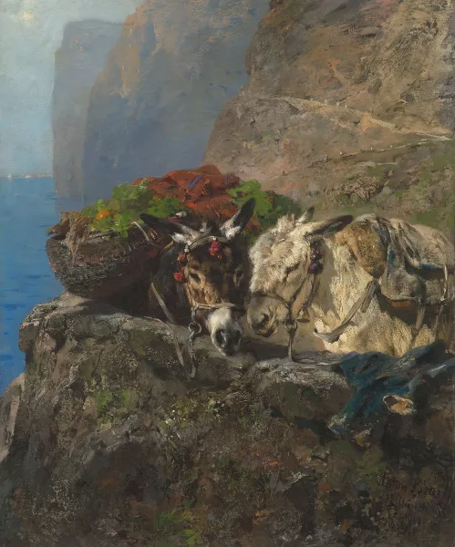 Anton Braith — Zwei Packesel in steiler Küstenlandschaft