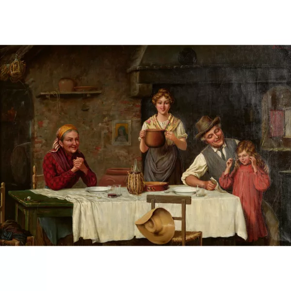 Emanuele Costa — Intérieur de cuisine paysanne avec famille à table à midi.