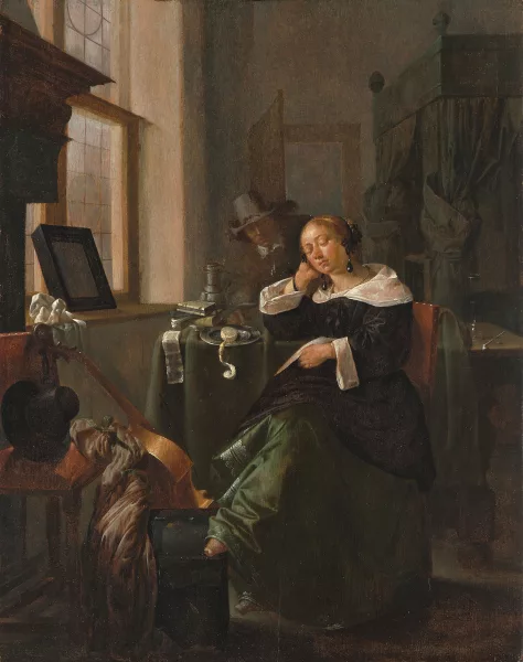 Jacob Duck — Vanitas, eine eingeschlummerte Frau in einem Interieur