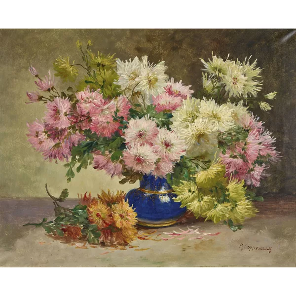 Edmond Van Coppenolle — Chrysanthemen in blauer Vase.