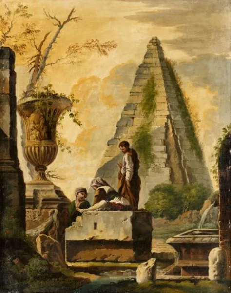 Giovanni Ghisolfi — Zwei Architekturcapriccios mit antiken Ruinen und Figurenstaffage