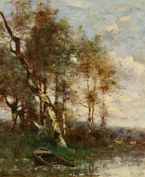 Paul Désiré Trouillebert — Flusslandschaft mit Fischer und Boot.