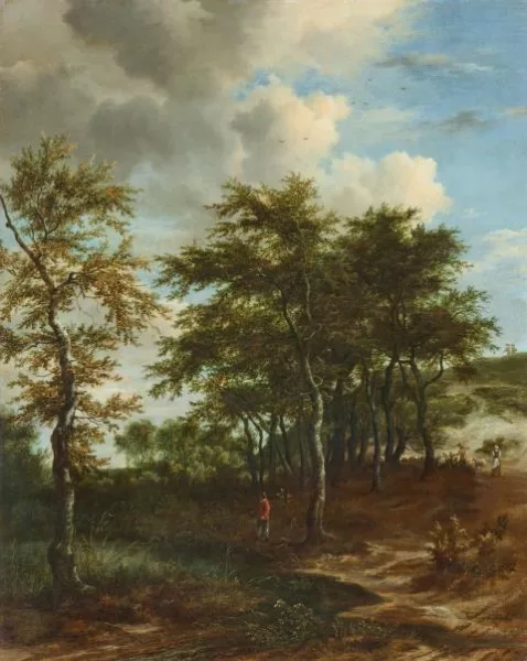 Jacob Isaacksz. van Ruisdael — Landschaft mit hohen Bäumen, einem Angler und Schäfern