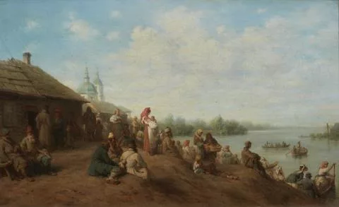 Wilhelm Amandus Beer — Landschaft an einem Fluss mit Dorf und Fährbooten