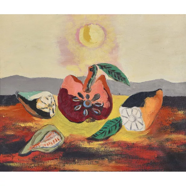 Jean Lurçat — Quatre fruits coupés sur une plage