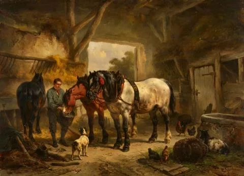 Wouter Verschuur jr. — Stallinterieur mit Pferden und Knecht
