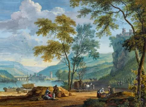 Dirck Dalens (III) — Südtiroler oder Norditalienische Flusslandschaft mit Weinbergen und Weinlese