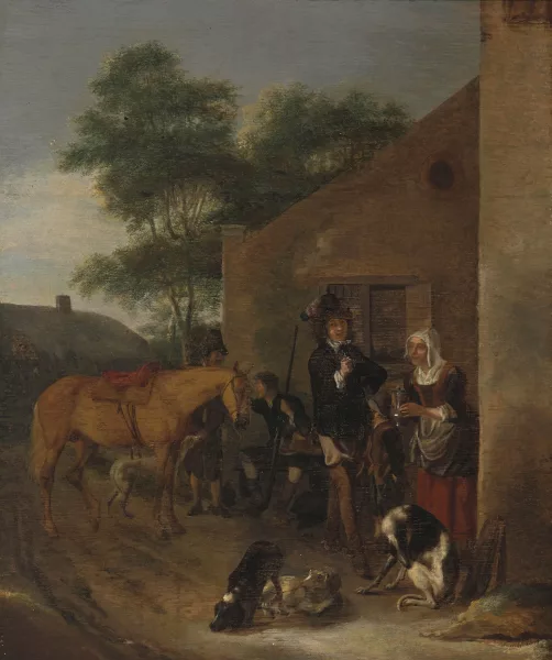 Ludolf Leendertsz. de Jongh — Attribué à Jongh, Ludolf de — zugeschrieben Rastender Reiter vor einer Taverne