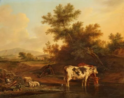 Johannes Janson — Landschaft mit Hirte, Rindern, Schafen und Ziege