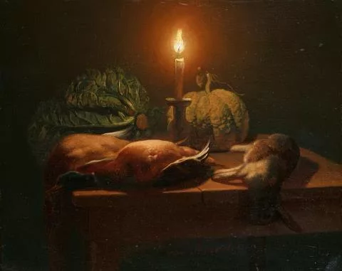 Petrus van Schendel — Stillleben mit Enten, Kaninchen, Kürbis und Kohl im Kerzenschein