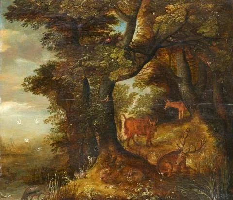 Roelandt Savery — Waldlandschaft mit Hirschen und einem Rind