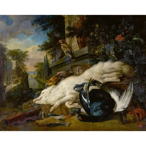Willem Frederiksz van Royen — Jagdstillleben vor Parklandschaft.