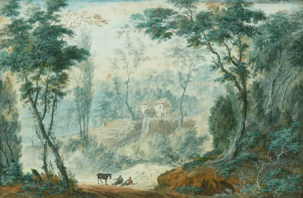 Abraham Rademaker — Landschaft mit Mühle, im Vordergrung zwei rastende Männer mit einem Pferd