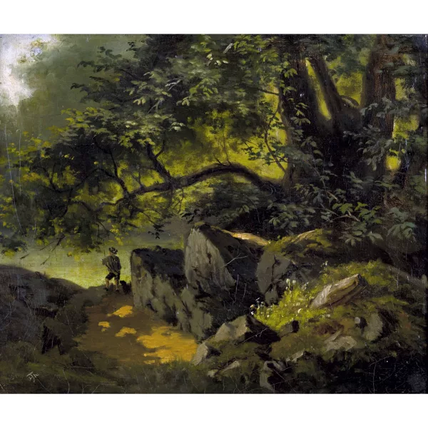 Hans Thoma — Attribué à Hans Thoma — Paysage arboré avec chasseur et chien