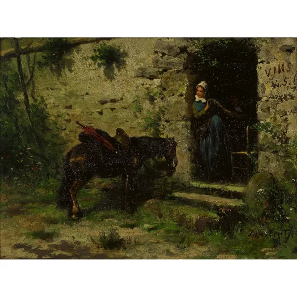 Camillo Innocenti — Cheval et dame à l'entrée d'une auberge