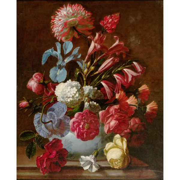 Simon Verelst — Nature morte aux roses, lys, hortensias et dahlia.