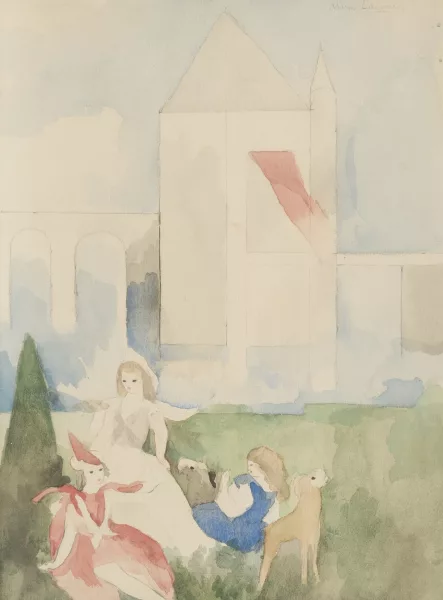 Marie Laurencin — Trois jeunes filles aux chiens devant le château,