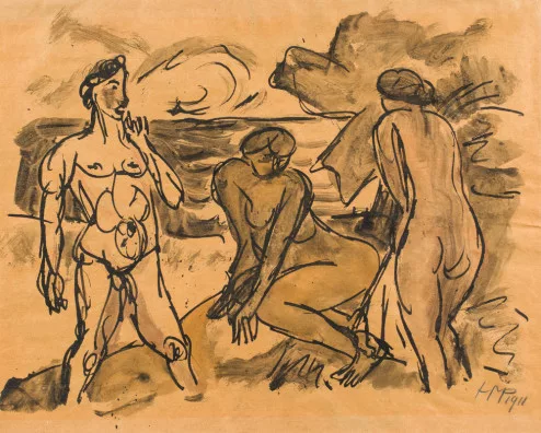 Max Pechstein — Baigneuses sur la plage ; au verso, couple au café, 1911