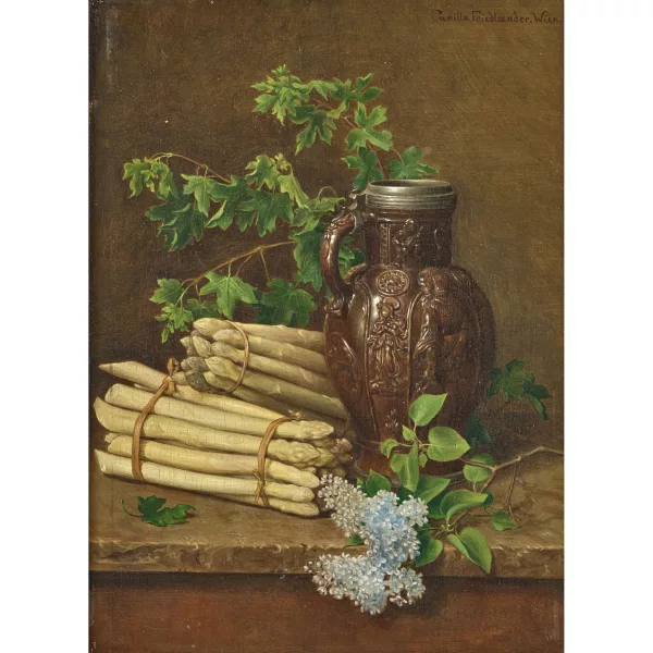 Camilla Friedländer — Nature morte aux bottes d’asperges, branche de lilas et cruche.