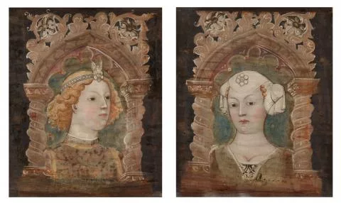 Bonifacio Bembo — Bildnispaar, jeweils eingefaßt in gemaltem gotischem Spitzbogen