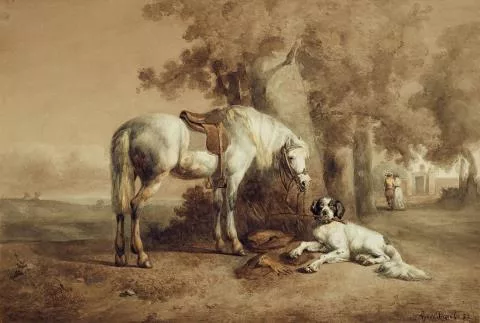 Hendrik van Ingen — Landschaft mit einem gesattelten Pferd und einem Jagdhund