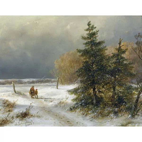 Andreas Schelfhout — Verschneiter Weg mit Staffage.