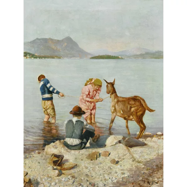 Alfonso Muzii — Kinder mit Ziege am sommerlichen Seeufer.