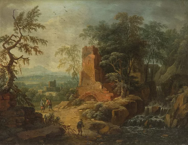 Pieter Bout — und Boudewyns, Adriaen Frans (1644 Brüssel 1719) Umkreis Landschaft mit Wanderern und Ruine