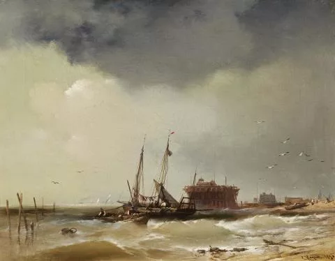 Charles Hoguet — Am Strand anlandende Fischerboote