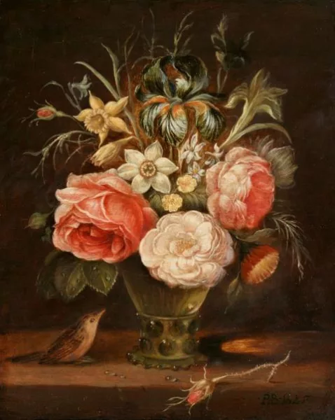 Peter Binoit — Blumenstillleben in Glasvase und Vogel