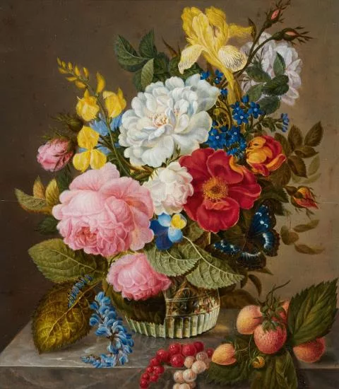 Adelheid Friedericke Braun — Rosen, Iris, Vergissmeinnicht, Hornveilchen und weitere Blumen in einer Glasvase