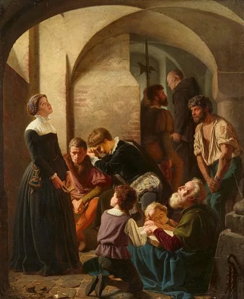 Eduard Hübner — Die Hugenottin Marguerite Le Riche ihre Mitgefangenen tröstend und erbauend