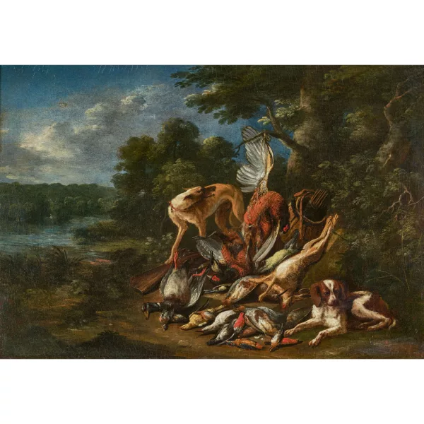 Adrian de Gryef — Zwei Jagdhunde mit Federvieh und Hase in der Landschaft.