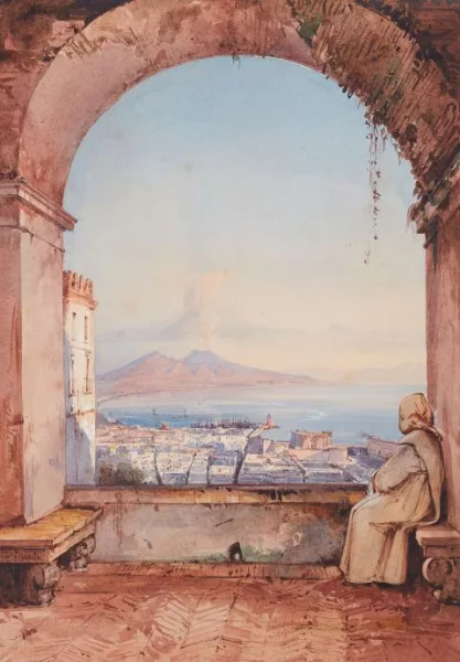 Giacinto Gigante — Blick auf die Bucht von Neapel von einem Kloster oberhalb der Stadt mit dem Vesuv im Hintergrund
