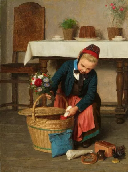 Friedrich Eduard Meyerheim — Der Geburtstagskorb - Gemälde und dazugehörige Ölstudie