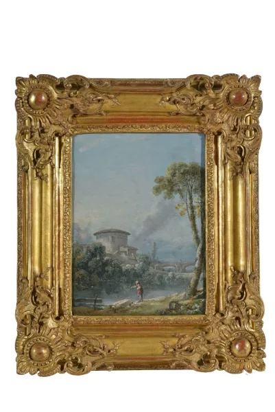 François Boucher — Landschaft mit Taubenschlag und kleiner Brücke mit Fischer