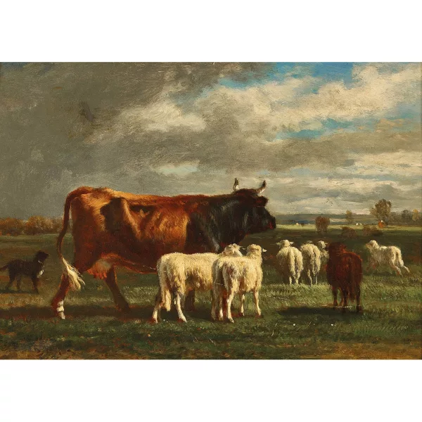 Constant Troyon — Moutons et vache au pâturage